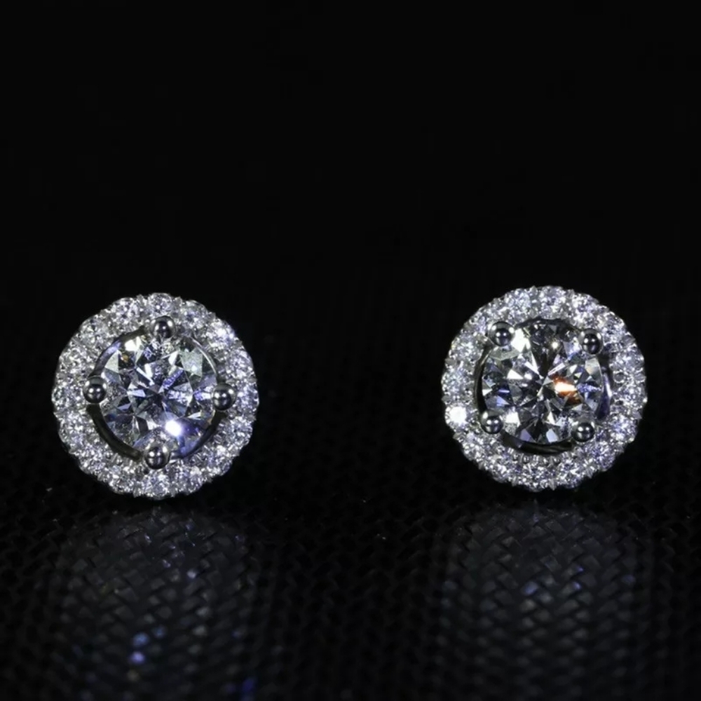 NEW Round Diamond Halo Stud Earrings - Picture 3 of 4